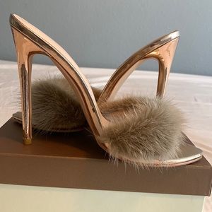 Women's Fashion Faux Fur Fluffy Mules Slip On High Heels Sandals in Rose Gold
